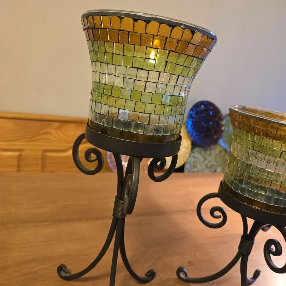 Set Of 2 Partylite Amber Green Mosaic Glass & Iron Global Fusion Candle Holders - Picture 4 of 8